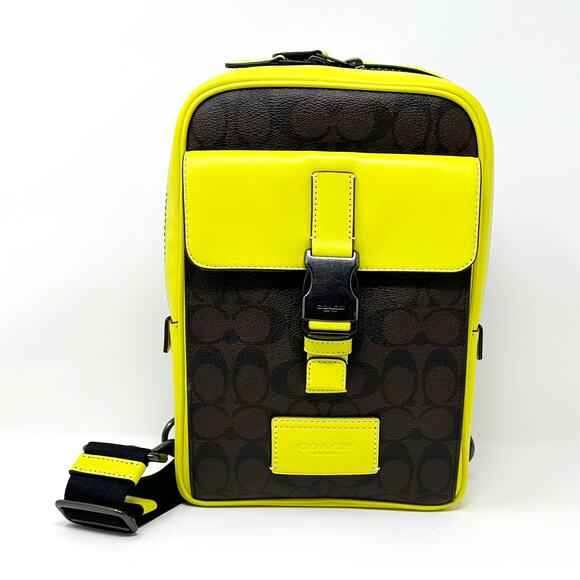 Coach Track Pack In Colorblock Signature Canvas Mahogany Bright Yellow CL432 - Picture 1 of 8